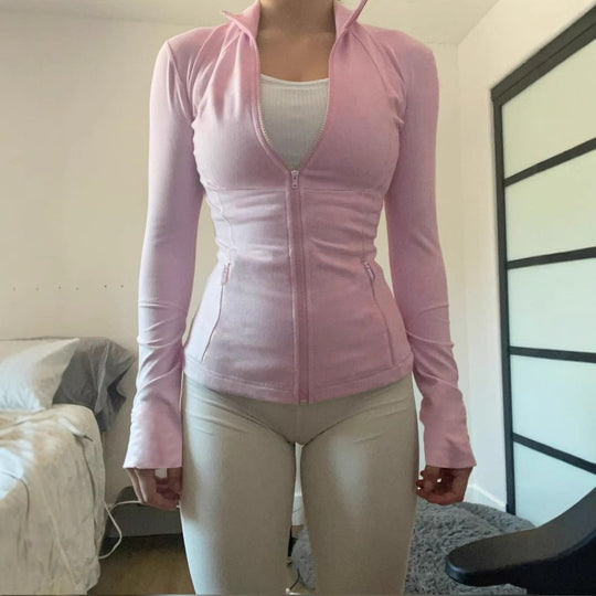 Damen nan kurzes Ripp-Kapuzenhoodie mit halbem Reißverschluss, langen Ärmeln und Daumenloch Shop Nory