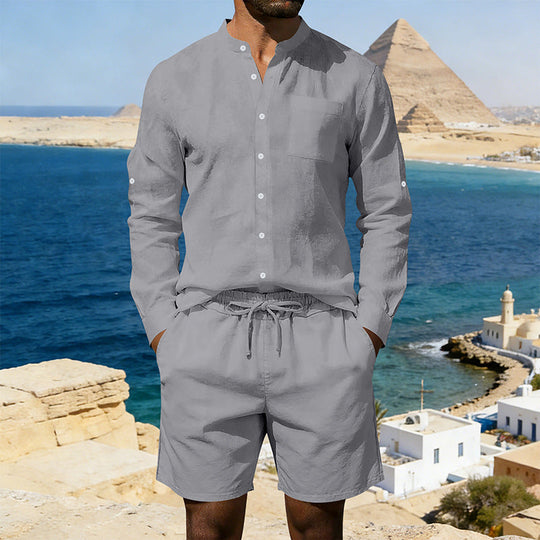 Herren nan sommerliches Leinen-Set mit Stehkragenhemd und Kordelzug-Kurzhose