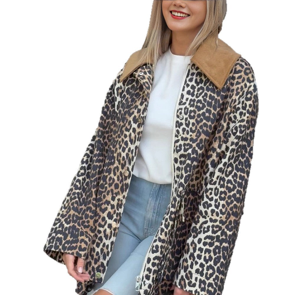 Damen Oversize-Fieldjacke mit Leoprint und kontrastierendem Cordkragen Shop Nory