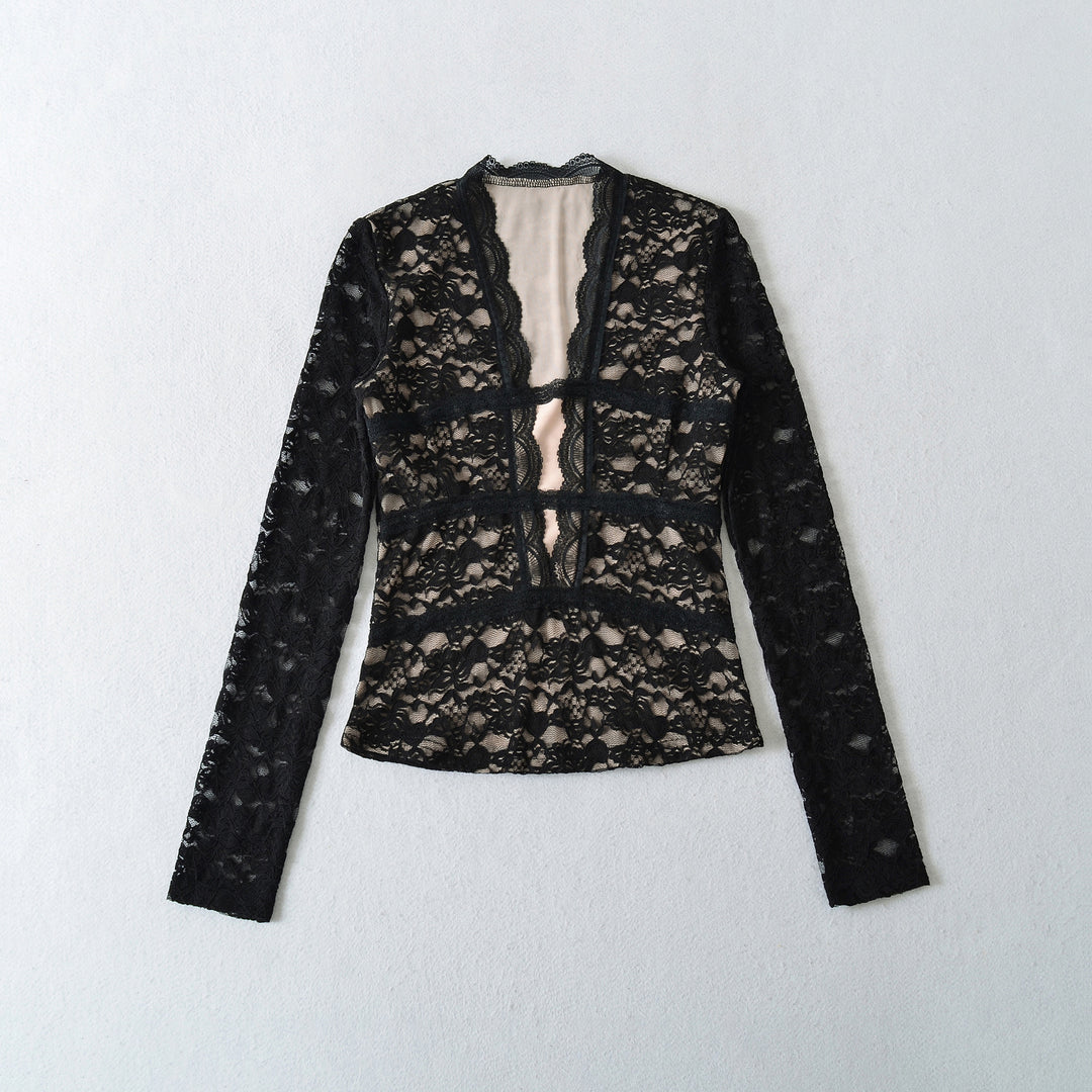 Damen Transparente Spitzenbluse mit V-Ausschnitt, taillierten Einsätzen und langen Ärmeln Shop Nory