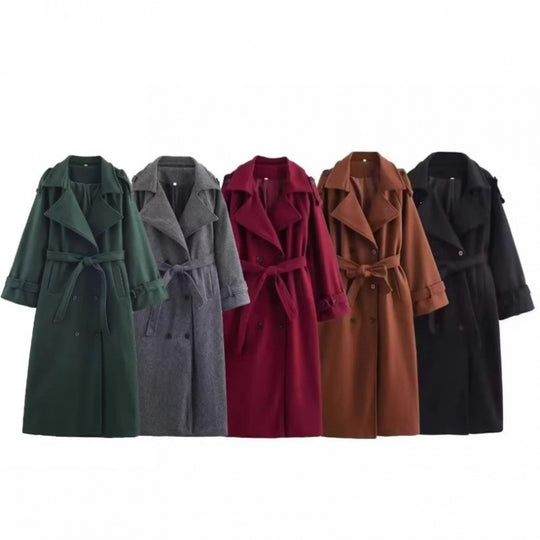 Damen langer doppeltreihiger Wollmix-Trenchcoat mit Gürtel und breitem Revers Shop Nory