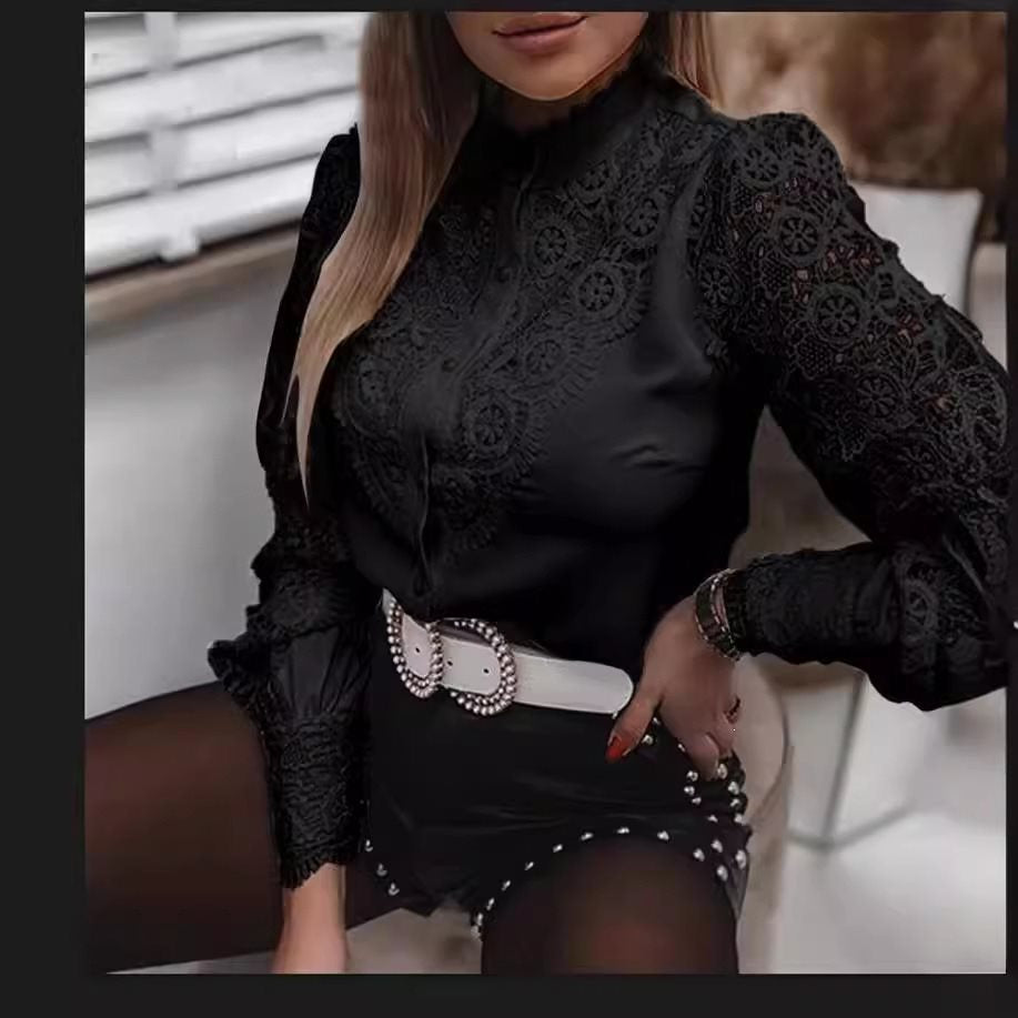 Damen Elegante Hemdbluse mit Spitzeneinsätzen, klassischem Kragen und Manschetten Shop Nory