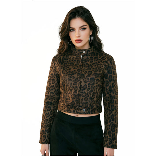 Damen Kurzjacke mit Leopardenmuster und Stehkragen Shop Nory