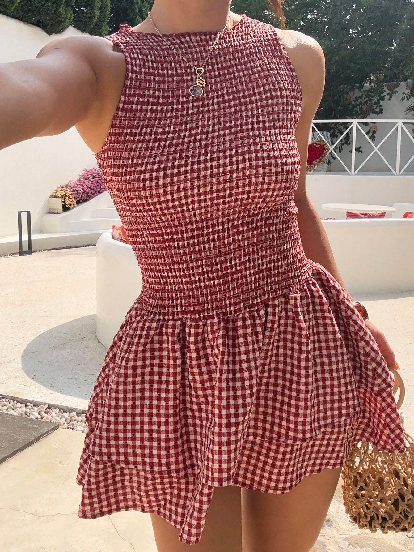 Damen ärmelloses Mini-Dress mit Karomuster und elastischem Bund