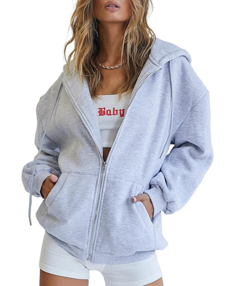Damen Fleece-Zipjacke im Oversize-Stil mit Kapuze, Kängurutaschen und elastischem Saum Shop Nory