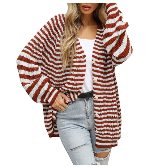 Damen gestreifte oversized Strickjacke mit V-Ausschnitt und Knopfleiste Shop Nory