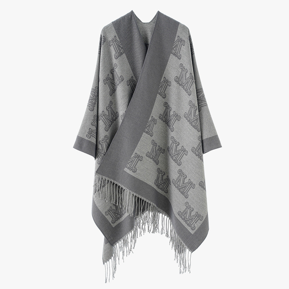 Damen Jacquardponcho mit Monogramm-Allover und Fransensaum Shop Nory