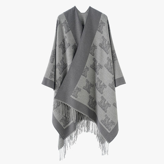 Damen Jacquardponcho mit Monogramm-Allover und Fransensaum Shop Nory