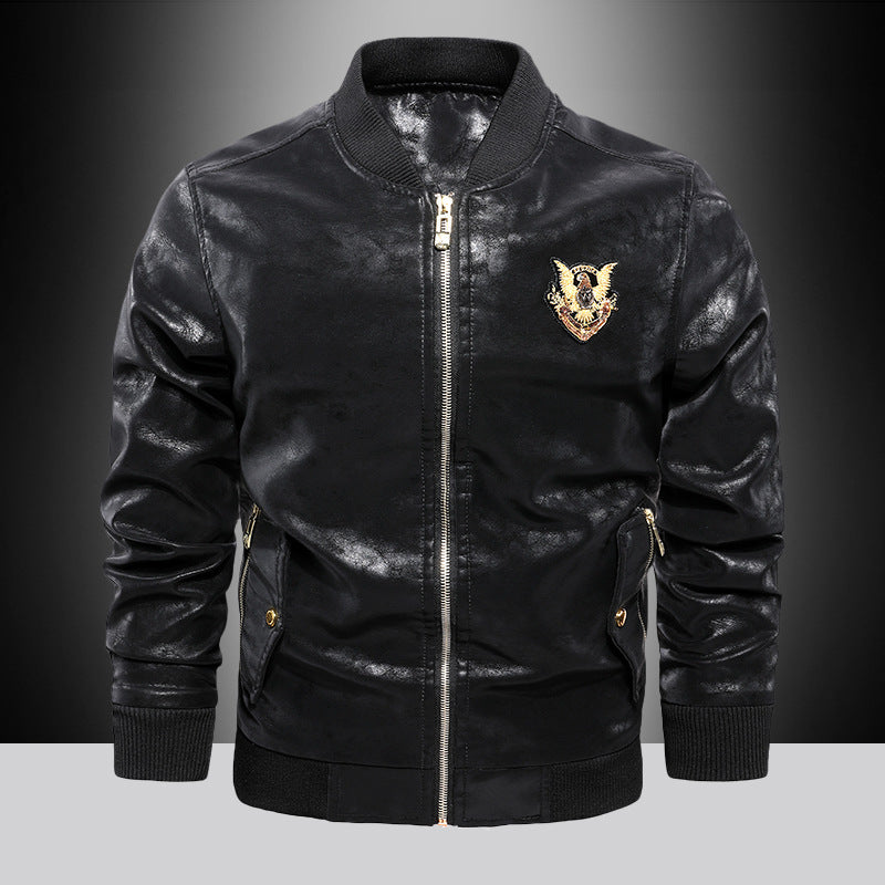 Herren Lederimitat-Bomberjacke im Aviator-Style mit Emblemapplikation Shop Nory