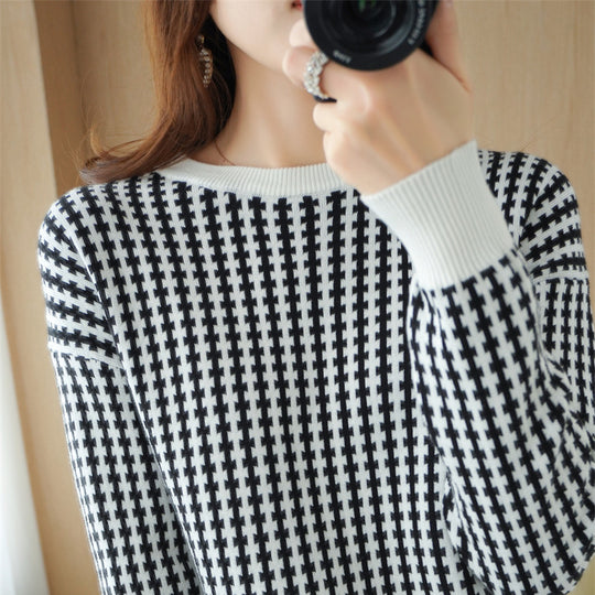 Damen Leichter Strukturstrick-Pullover mit Hahnentritt-Muster und breitem Rippbündchen Shop Nory