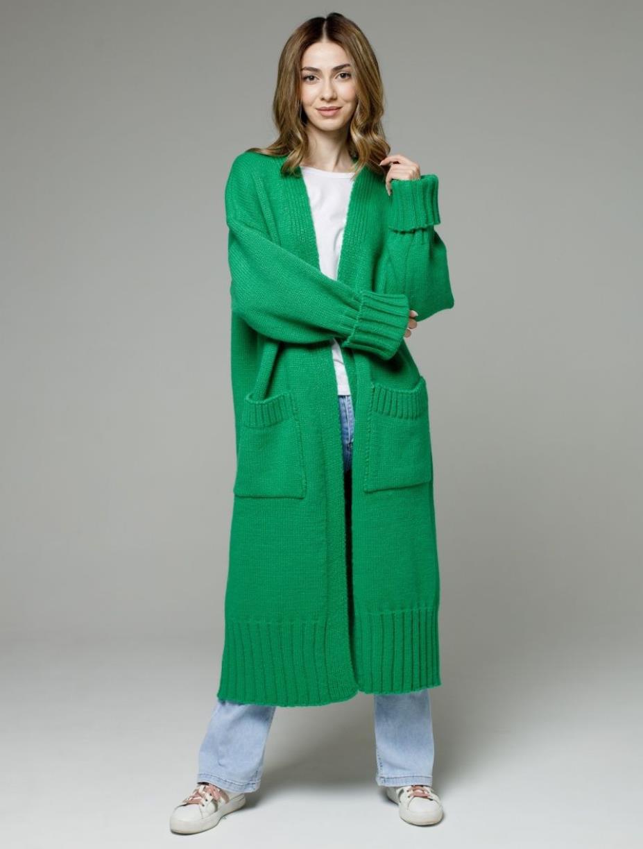 Damen bequemer langer Strickcardigan mit Taschen und breiten Ärmeln