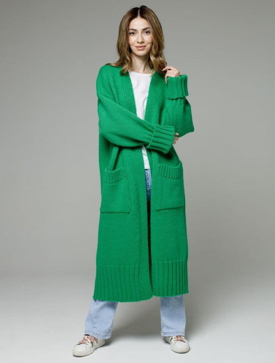 Damen bequemer langer Strickcardigan mit Taschen und breiten Ärmeln