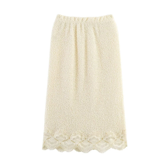 Damen Bouclé-Strickpullover mit Spitzenbesatz und gewelltem Saum Shop Nory