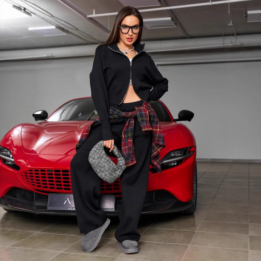 Damen Feinstrick-Zweiteiler mit taillierter Zip-Kapuzenjacke und weiten High‑Waist Kordelhose Shop Nory