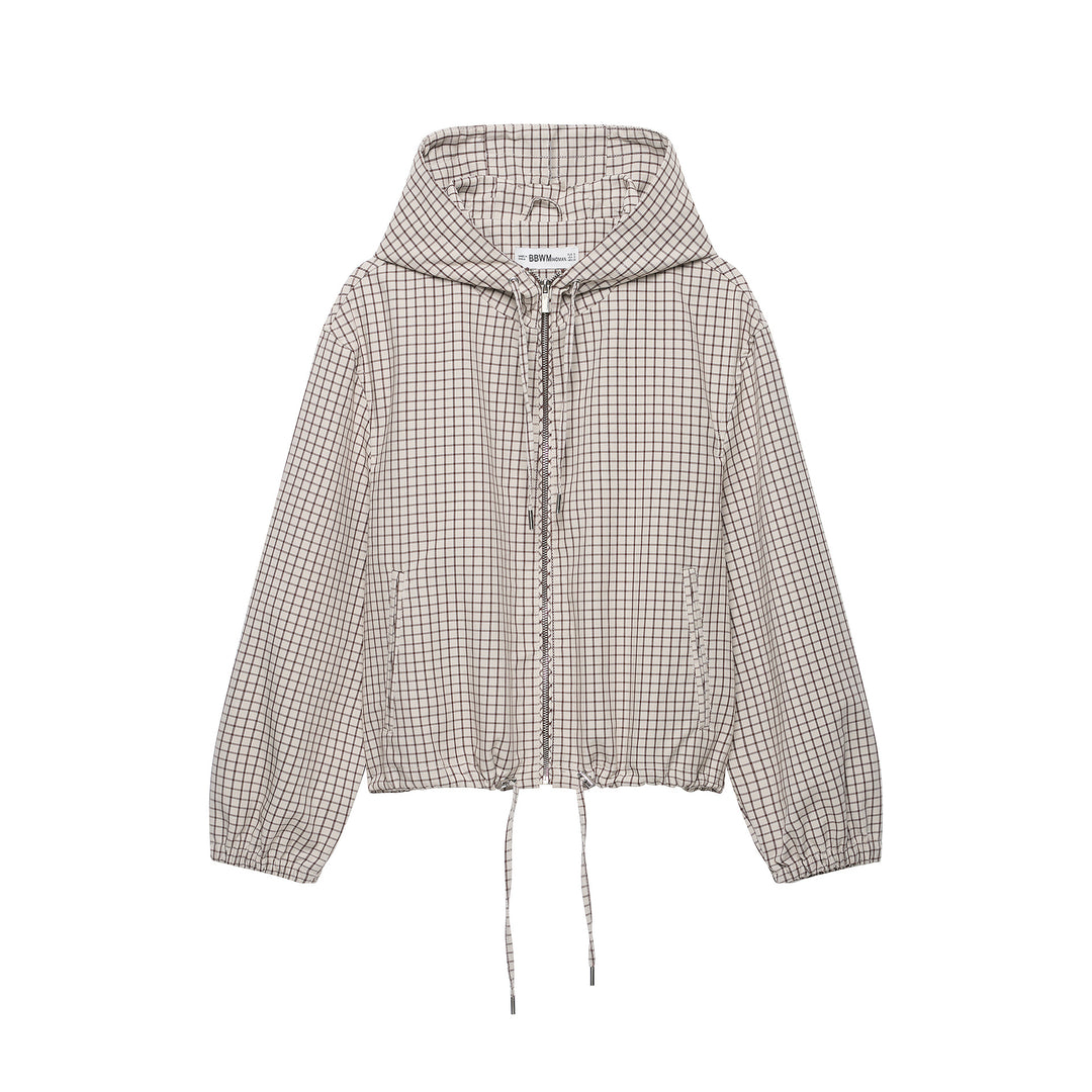 Damen Kariertes Cropped Kapuzenjacke mit Tunnelzug und Reißverschluss Shop Nory
