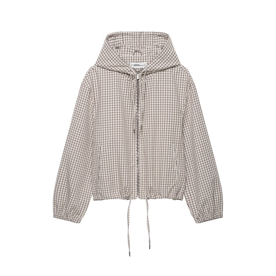 Damen Kariertes Cropped Kapuzenjacke mit Tunnelzug und Reißverschluss Shop Nory