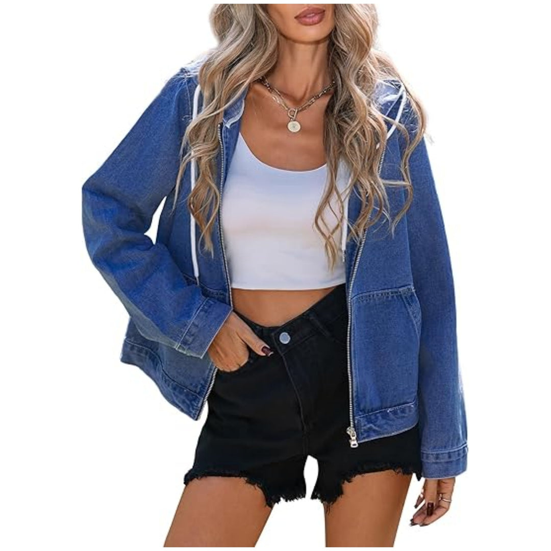Damen Oversize Jeanskapuzenjacke mit Reißverschluss und aufgesetzten Taschen Shop Nory