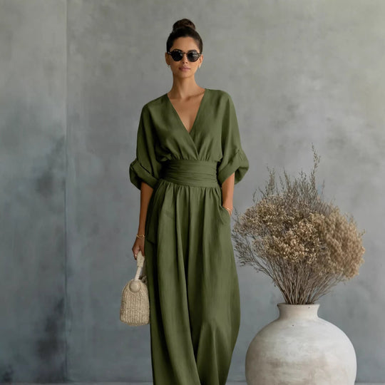 Damen Weit geschnittener Jumpsuit mit eleganten Drapierungen und V-Ausschnitt Shop Nory
