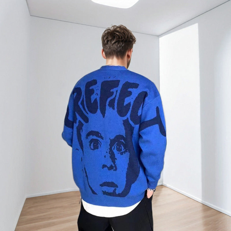 Herren Oversized Grafik‑Intarsienpullover mit tiefem Rückmotiv und Rundhalsausschnitt Shop Nory