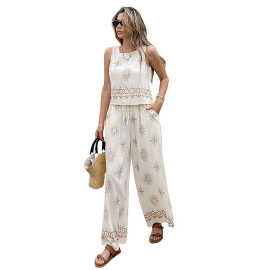 Damen zwei-teiliges Sommer Set mit feiner Stickerei und weitem Schnitt