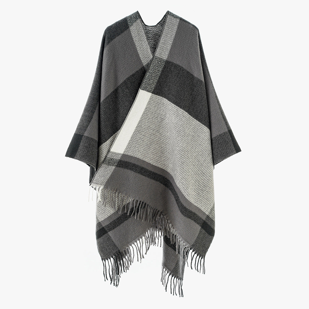 Damen Wollmix-Capeponcho mit V‑Ausschnitt, Blockstreifen und Fransen Shop Nory