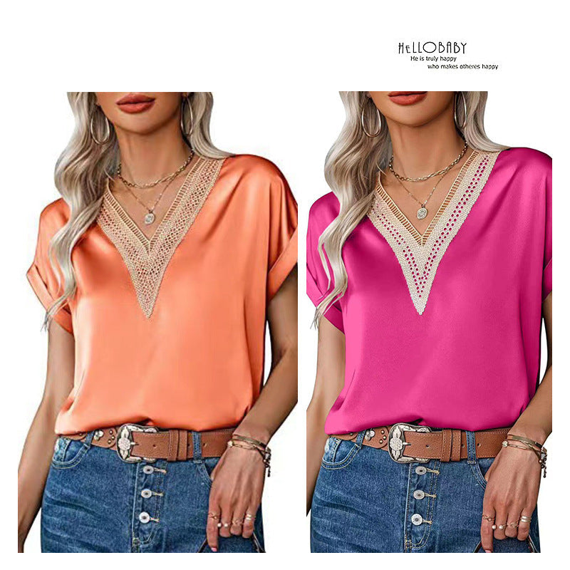 Damen Satin Bluse mit elegantem V-Ausschnitt und raffinierten Spitzenakzenten