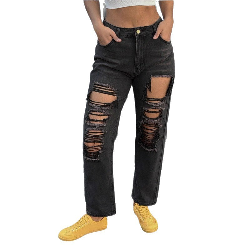 Damen hochgeschnittene Ripped-Mom-Jeans mit mehreren Knie-Cutouts und relaxed Straight-Schnitt Shop Nory