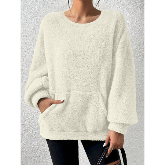 Damen Kuscheliger Oversize-Sherpa-Pullover mit Kängurutasche und Ballonärmeln Shop Nory