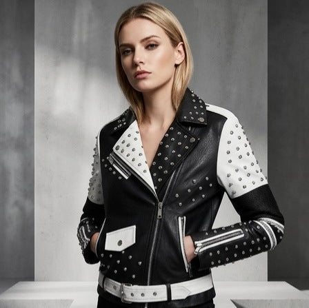 Damen Nietenbesetzte kontrastierende Bikerjacke mit Taillengürtel Shop Nory