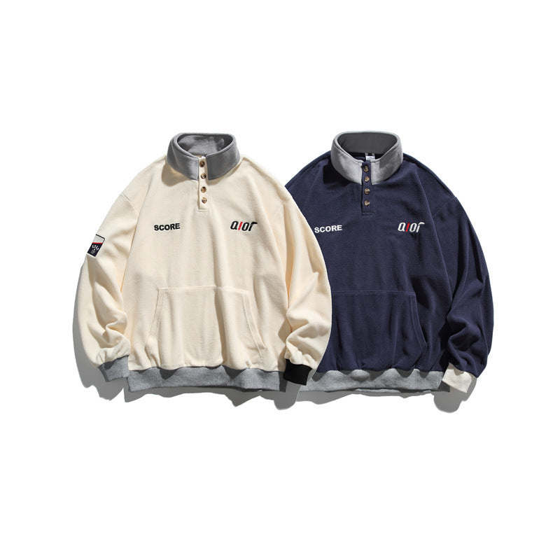 Unisex Fleece-Halbzip-Pullover mit Stehkragen, Kängurutasche und Kontrastbündchen Shop Nory