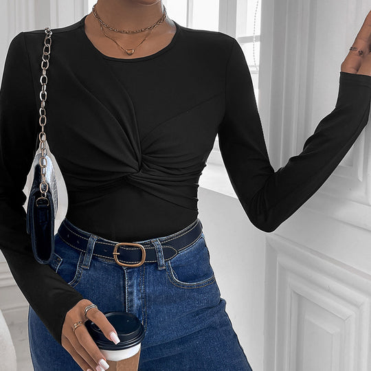 Damen Figurbetontes Twist-Longsleeve mit Knotendetail und Rundhalsausschnitt Shop Nory