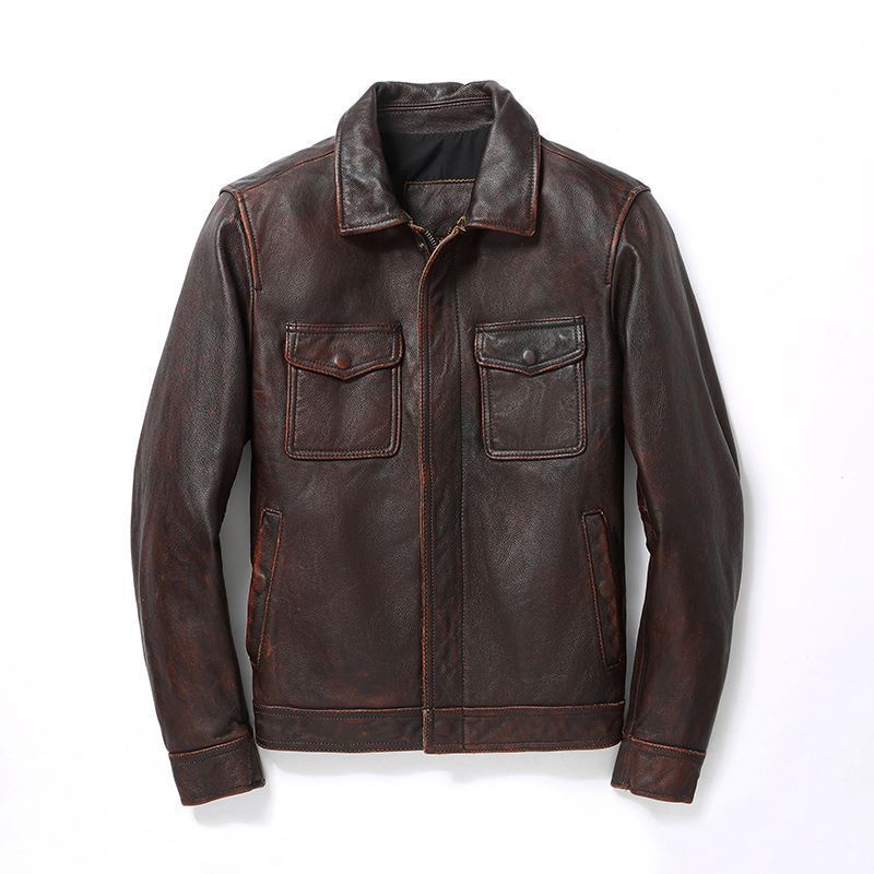 Herren Lederjacke im Worker-Stil mit Brusttaschen und durchgehendem Reißverschluss Shop Nory