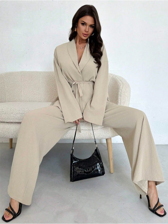 Damen Entspannter Wickelblazer und Weite-Hosen Set Shop Nory