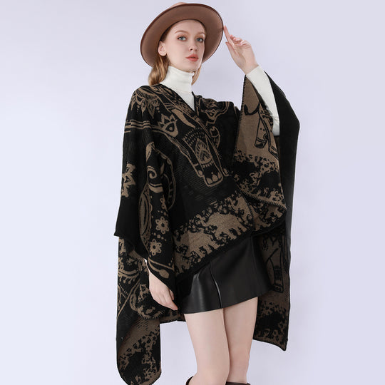 Damen Jacquard-Kimono-Cape aus Wollmix mit ornamentalen Tiermotiven Shop Nory