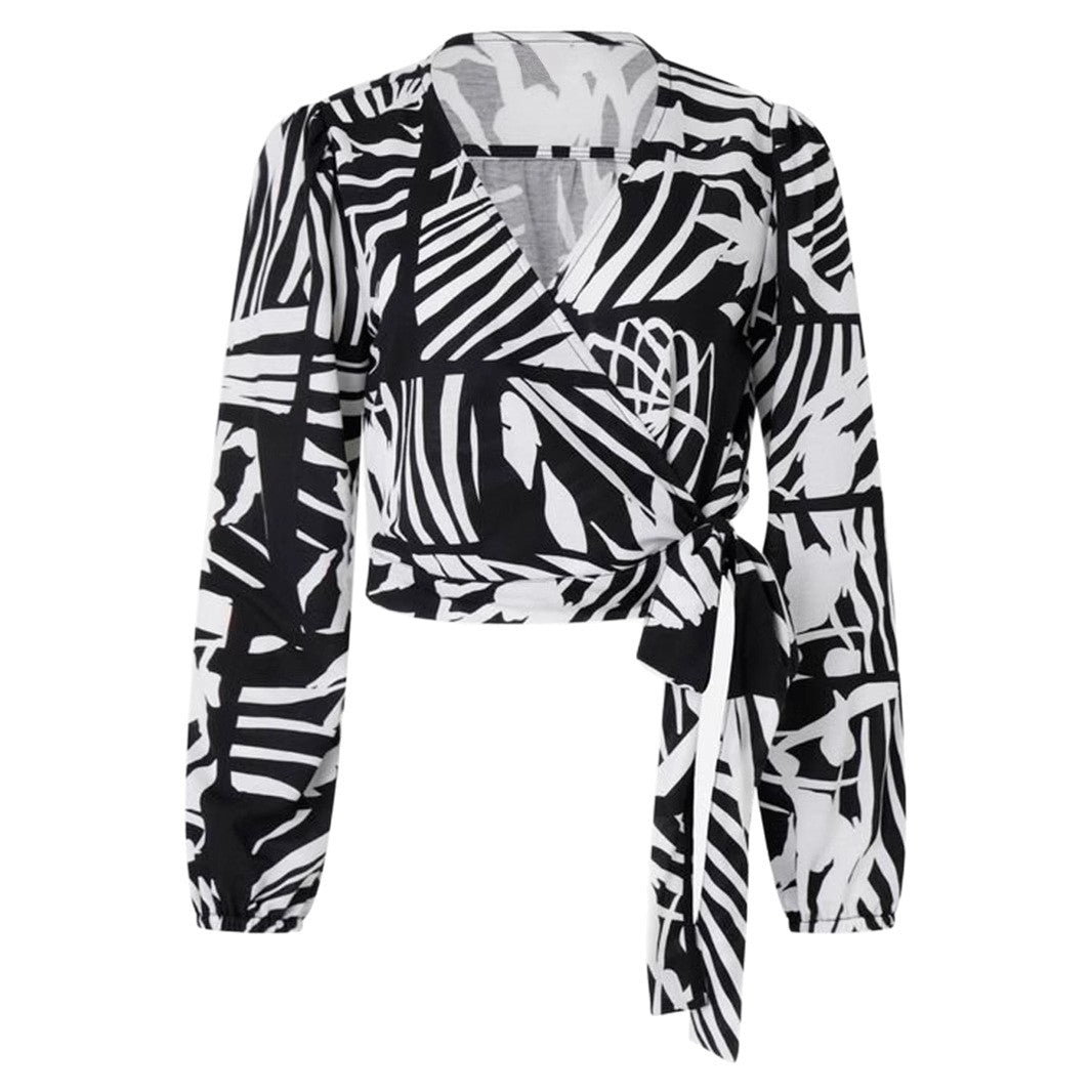 Damen kurze Wickelbluse mit V-Ausschnitt und tailliertem Bindegürtel Shop Nory