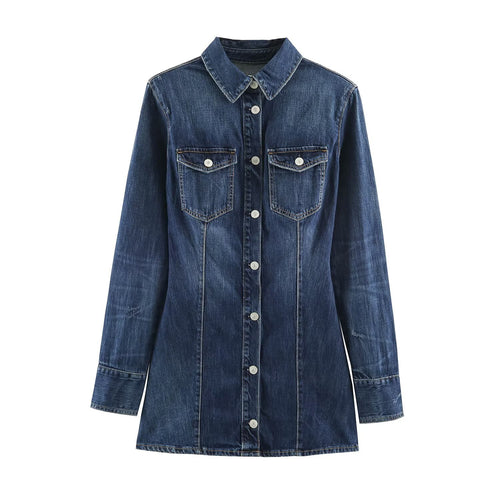 Damen Geradliniges Denim-Hemdkleid mit durchgehender Knopfleiste und Brusttaschen Shop Nory