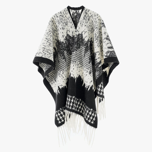 Damen Monochromer Jacquard-Capeponcho aus Wollmix mit Fransen und Oversize-Fall Shop Nory
