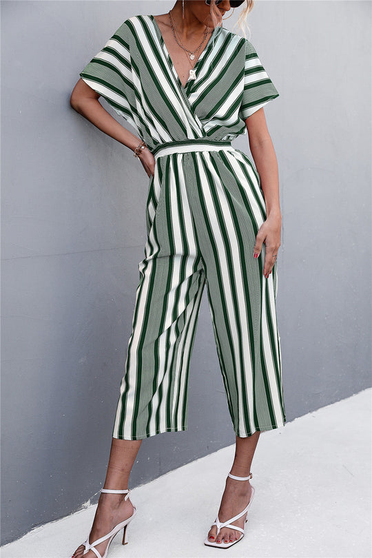 Damen eleganter Jumpsuit mit V-Ausschnitt, breiten Ärmeln und anisstreifendem Design