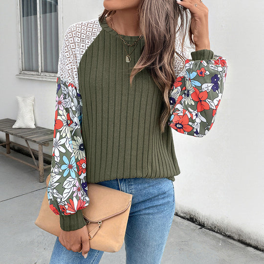 Damen Gerippter Strickpullover mit Häkel-Schulter & gShop Norylümten Ballonärmeln Shop Nory