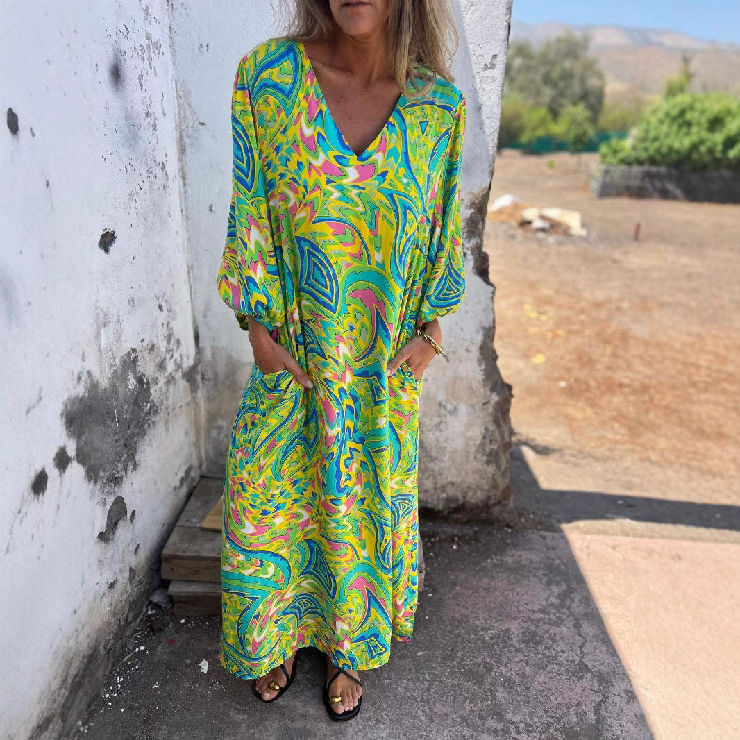 Damen Langarmkleid mit V-Ausschnitt und praktischen Taschen Shopnory