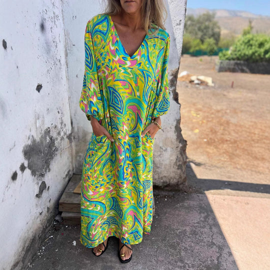 Damen Langarmkleid mit V-Ausschnitt und praktischen Taschen Shopnory