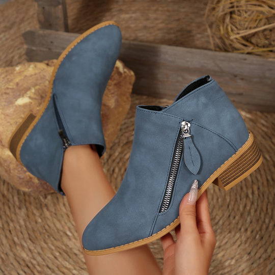 Damen Kurze Ankle-Boots mit seitlichem Reißverschluss und gestapeltem Blockabsatz Shop Nory