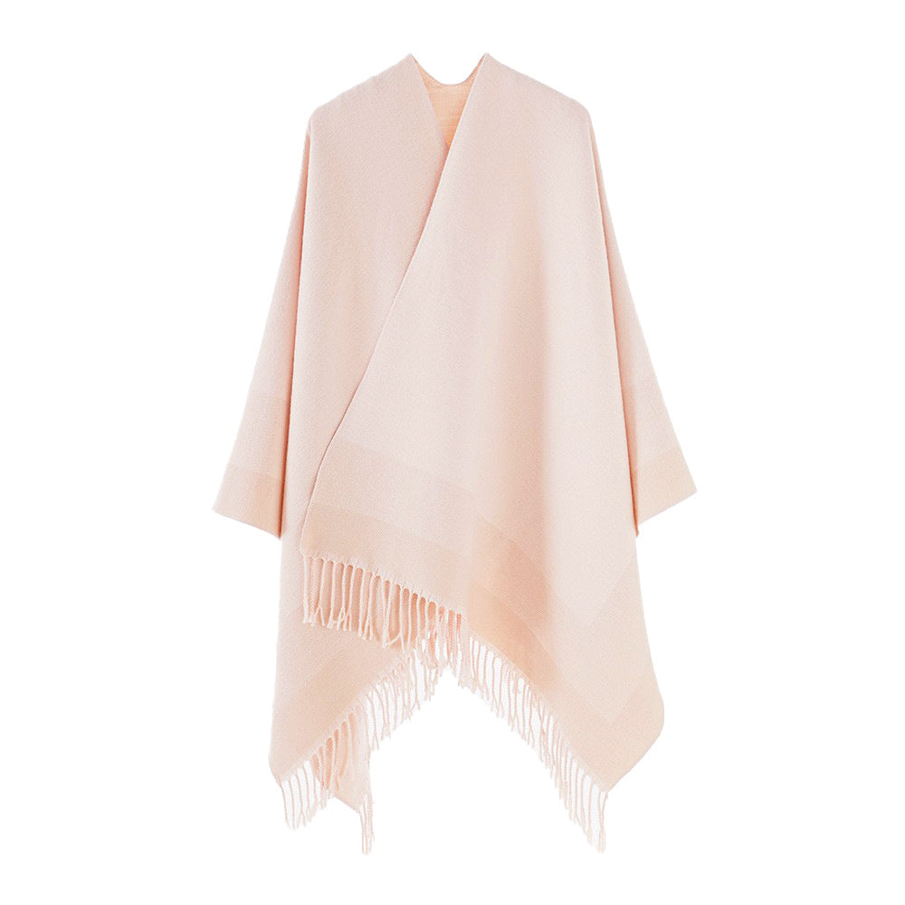 Damen Rechteckiger Wollmix-Poncho-Überwurf mit offener Front und feinem Fransensaum Shop Nory