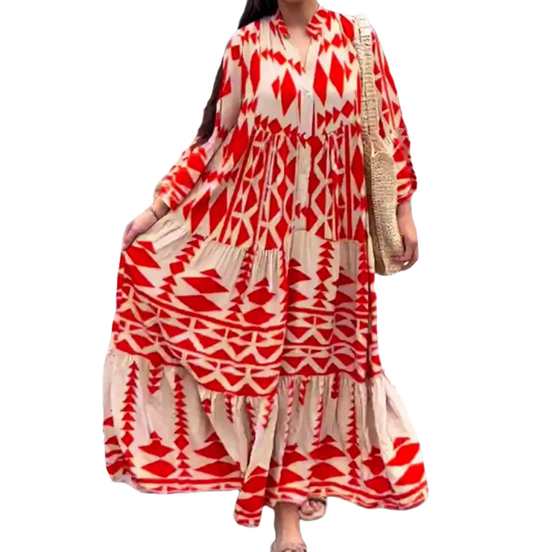 Damen Lockeres Maxikleid im Boho‑Stil mit grafischem Print, V‑Ausschnitt und Knopfleiste Shop Nory
