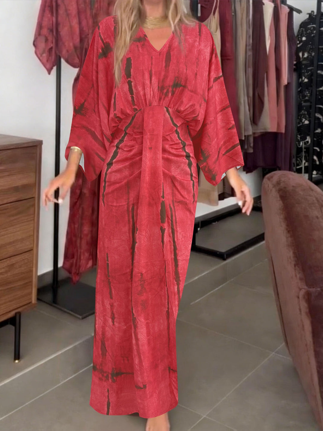 Damen Fließendes Maxikleid mit V‑Ausschnitt, Wickeloptik und dekorativem Taillenband Shop Nory