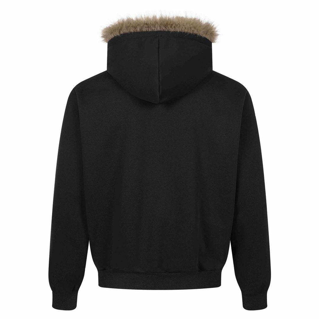 Damen Kapuzen‑Sweatjacke mit Kunstfellbesatz, Frontzip und Collage‑Print Shop Nory