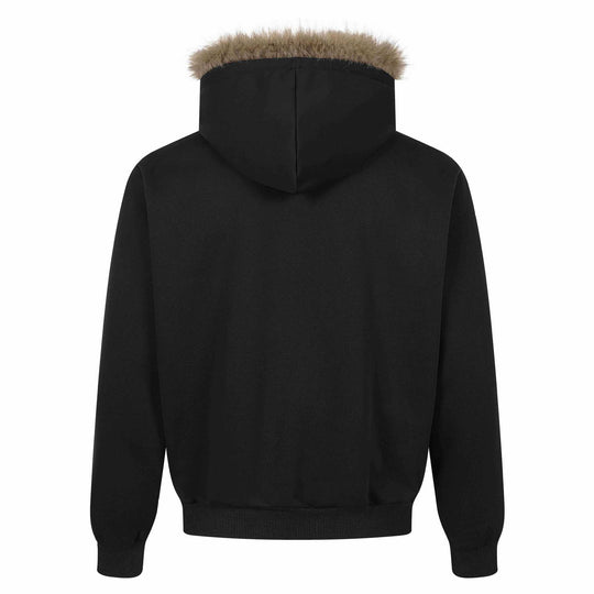 Damen Kapuzen‑Sweatjacke mit Kunstfellbesatz, Frontzip und Collage‑Print Shop Nory