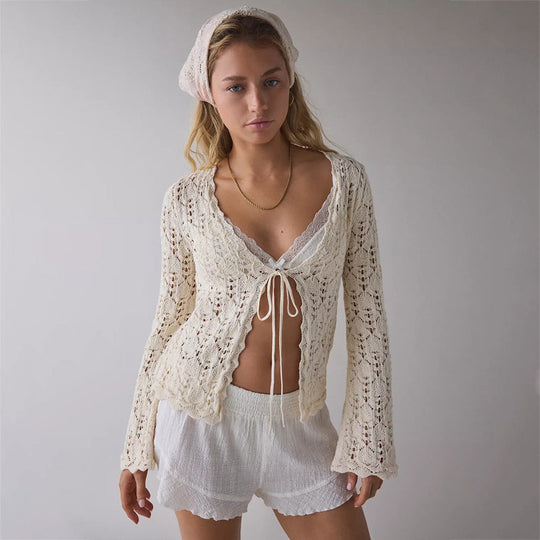 Damen luftiger Häkelstrick-Cardigan