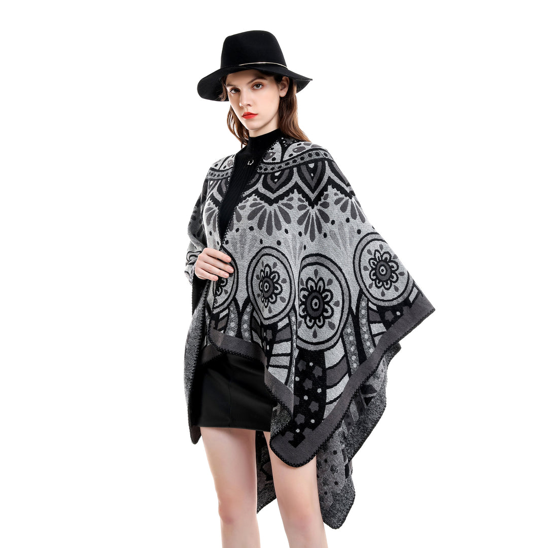 Damen Wollmix-Umhangponcho mit ornamentaler Jacquardstruktur und offenem Fall Shop Nory