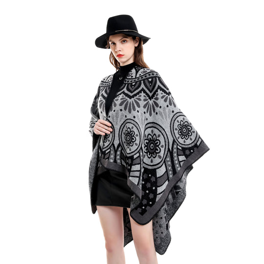 Damen Wollmix-Umhangponcho mit ornamentaler Jacquardstruktur und offenem Fall Shop Nory